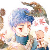 shin-ah dándolo una bellota a su ardilla que tiene en el hombro. por su cabeza vuela un pájaro marrón. shin-ah tiene el pelo cortito de color azul.