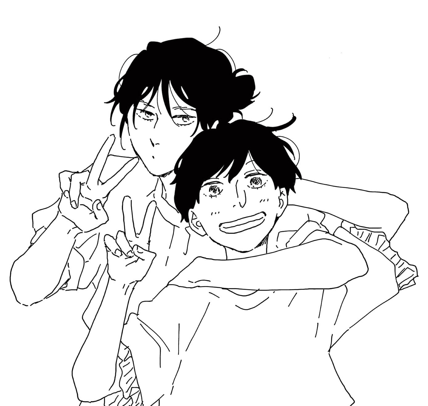 ilustración en blanco y negro de makio y asa del manga ikoku nikki. las dos están haciendo el signo de la paz con las manos.
